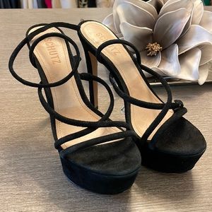 Black faux suede platform heels